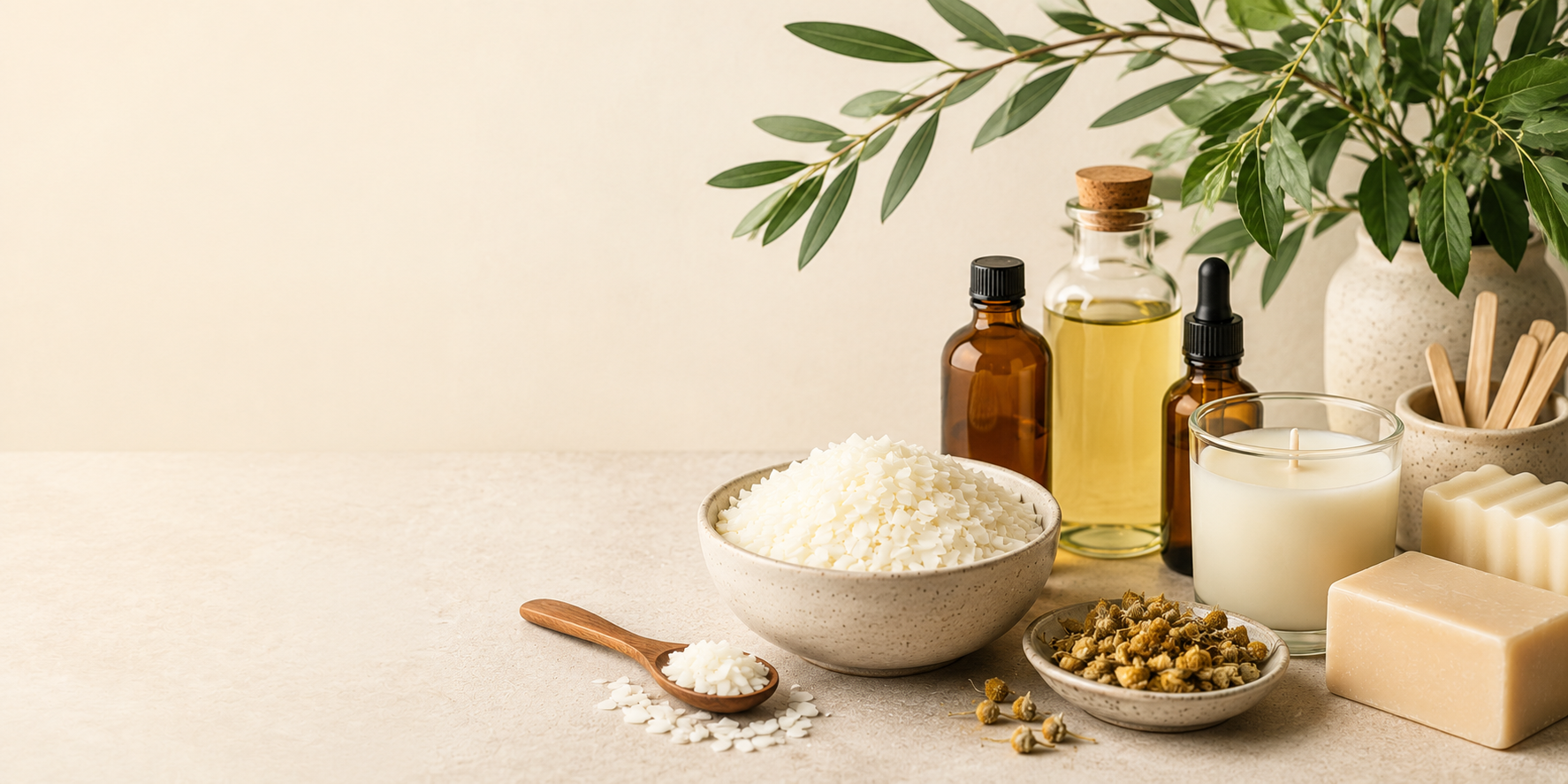 Bowl de cera de coco, aceites y jabones artesanales sobre un mesón crema